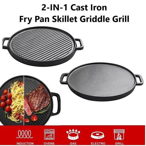 2-IN-1 Cast Iron 2-Side Korea BBQ  Sizzling Fry Pan Skillet Griddle Grill Plate