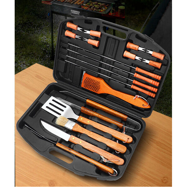 18pc Stainless Steel BBQ Accessories Tool Utensil Grill Cook Clean Kit  &amp; Case