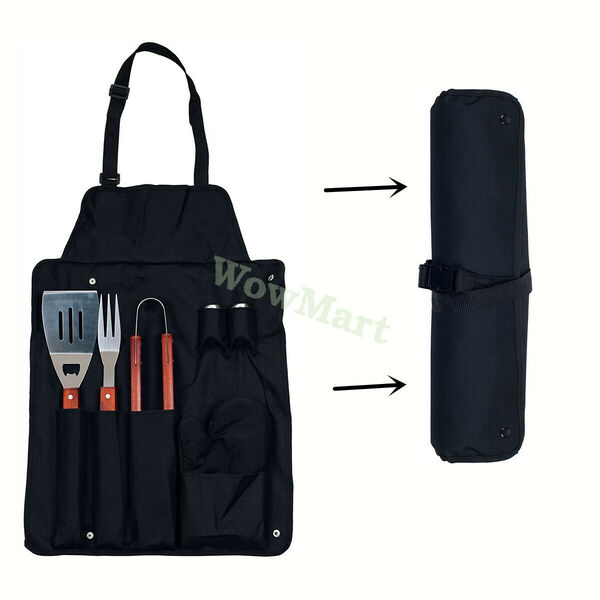 Foldable 7pc Stainless Steel BBQ Accessories Tool Utensil Grill Cook Apron Set