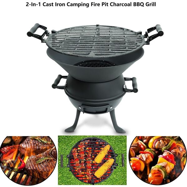 Height Adjust Cast Iron Camping Fire Pit Cooking Stove Charcoal BBQ Barrel Grill