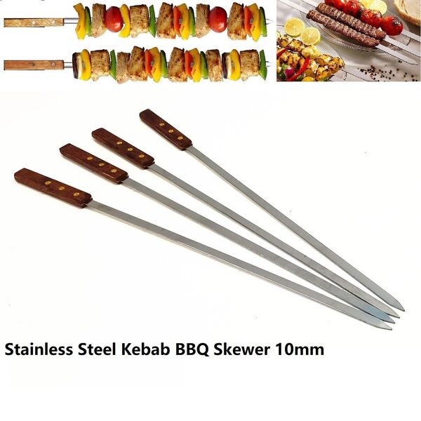 Stainless Steel Shish Kebab BBQ Skewer Flat Needle BBQ Sticker Wood Handle 10mm