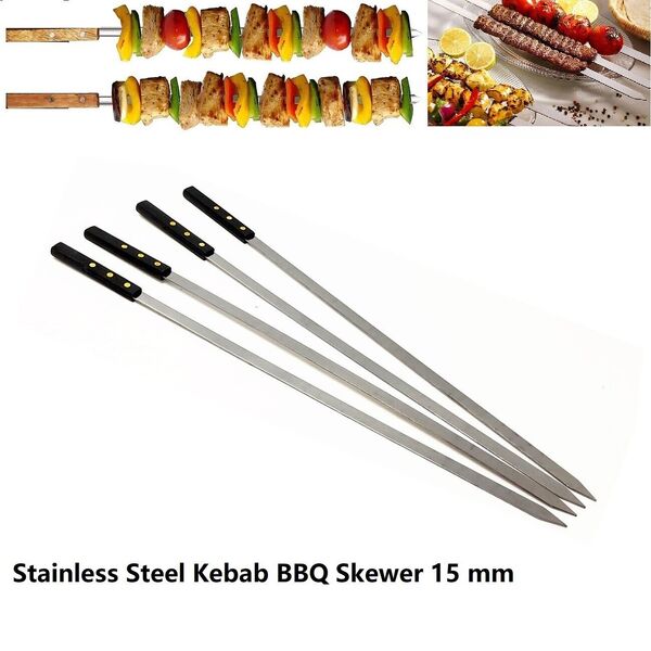 Stainless Steel Shish Kebab BBQ Skewer Flat Needle BBQ Sticker Wood Handle 15mm