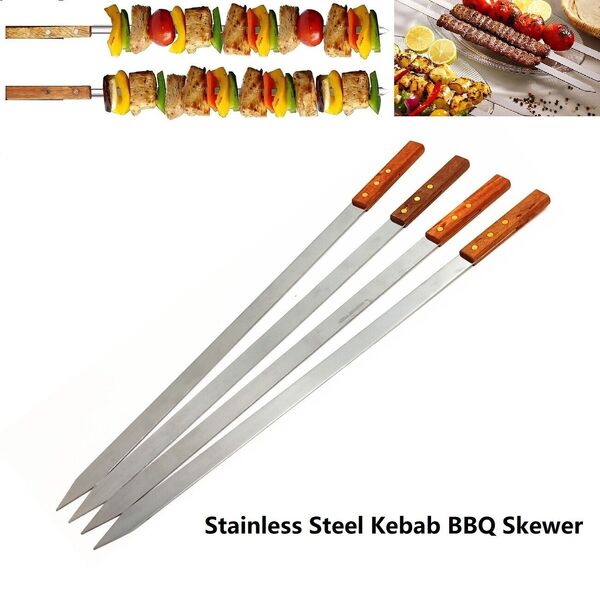 Stainless Steel Shish Kebab BBQ Skewer Flat Needle BBQ Sticker Wood Handle 22mm