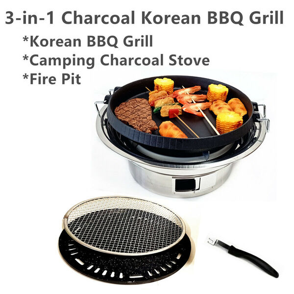 Portable 3-In-1 Stainless Steel Korean Charcoal BBQ Grill Fire Pit 12-15 Inch