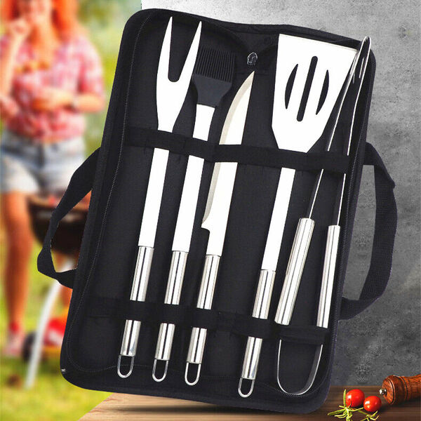 6Pcs BBQ Tool Set Stainless Steel Grill Utensils Kit Barbecue Cook Accessories