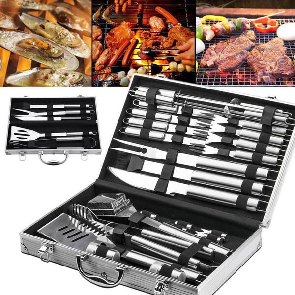 26Pc Stainless Steel BBQ Accessories Tool Utensil Grill Cook Clean Kit &amp; Case