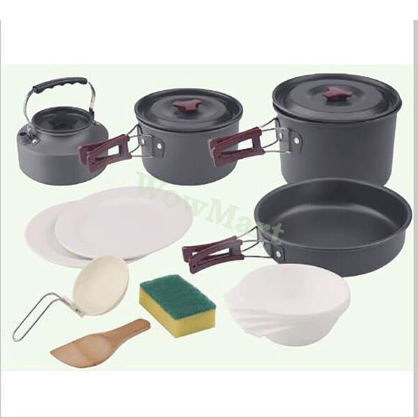 Camping Hiking Cookware Non-stick Cooking Pot Pan Kettel Bowl 15 Pc Set &amp; Bag