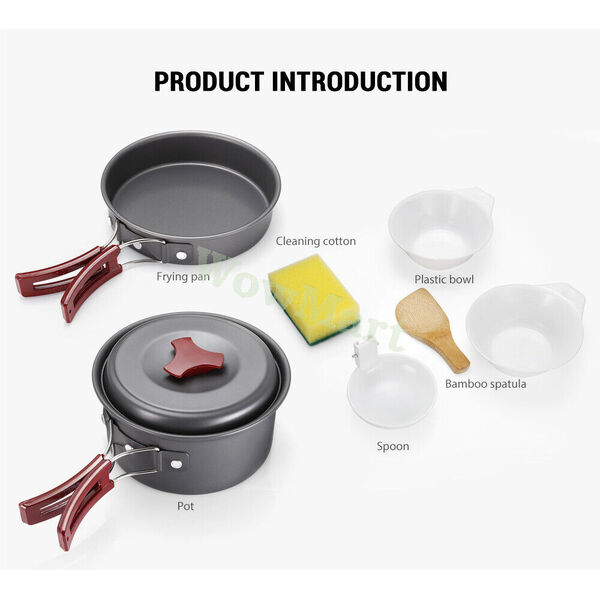 Camping Hiking Cookware Non-stick Cooking Pot Pan Bowl 9 Pc Set &amp; Bag 1-2 Person