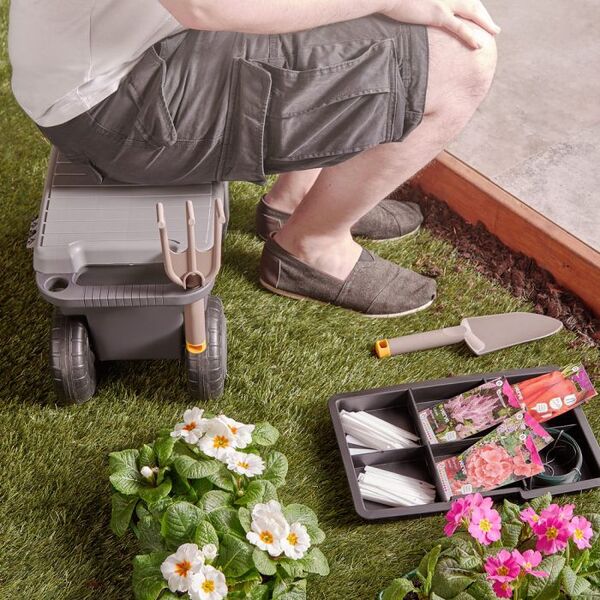 3-In-1 Garden Tool Storage Cart Rolling Gardening Stool Seat Tool Box 55x26x29cm