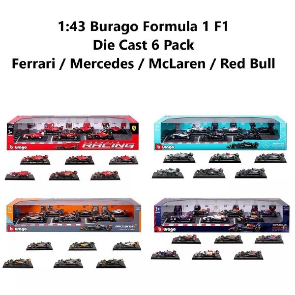 1:43 Burago Formula 1 F1 Car Model 6 Pack Set Ferrari Mercedes McLaren Red Bull