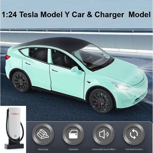 1:24 Alloy Diecast Tesla Model Y Car &amp; Charger Model Toy Sound Light Collection