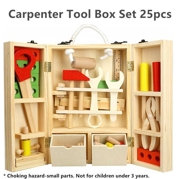 Kid Educational Pretend Toy Natural Wood Carpenter Tool Set &amp;gt;30pcs in Carry Case