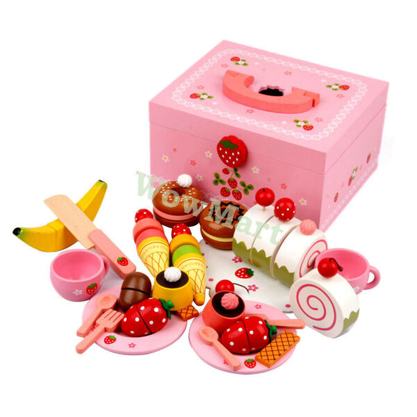 NEW Kid Pretend Toy Classic Wooden Cutting Toy Hi Tea Dessert Set #MG015