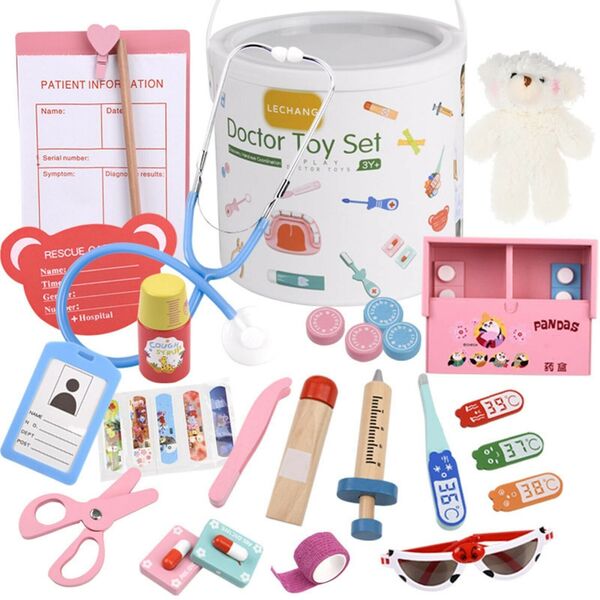 Kid Wooden Classic Pretend Toy Medical Role Play Doctor Barrel Set 30Pc