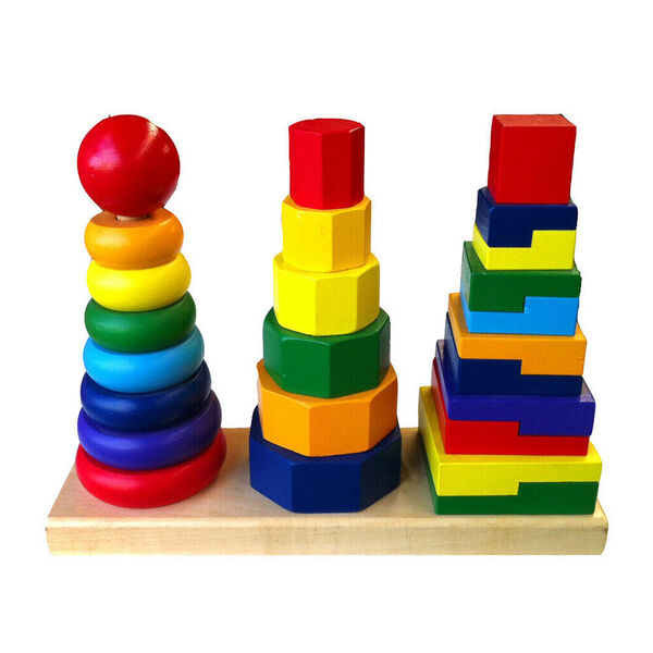 Kid Montessori Educational Toy Wooden Geometric Stacker Building Block Large