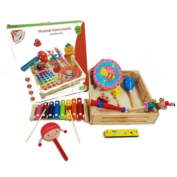 Kid Wooden Educational Music Toy Tambourine Maraca Xylophone etc 9 Pc &amp; Tray Set