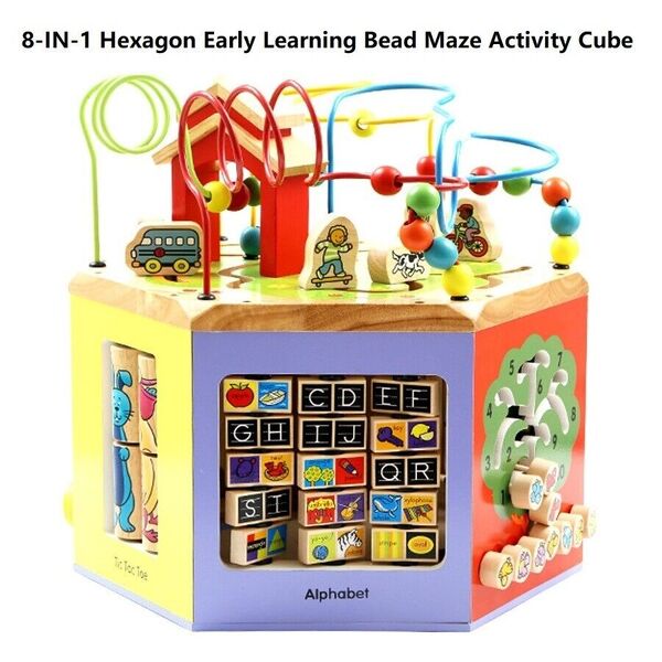 8 in 1 Babe Hexagon Bead Maze Activity Cube Toddler Wooden Early Learning Toy