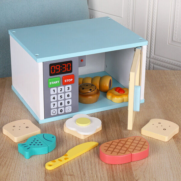 Battery Light Sound Wooden Microwave Oven Kitchen Pretend Play Toy Cutting Toys