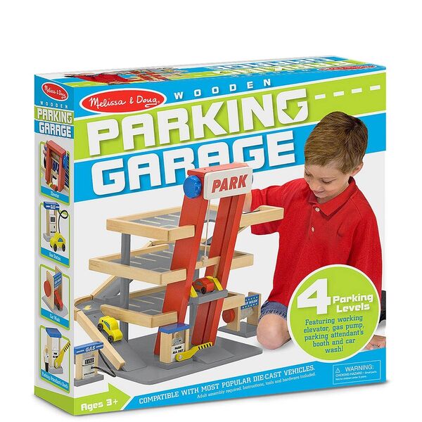 Melissa &amp; Doug 4T Car Parking Garage Servo Station Set Kid Wooden Pretend Toy 3+