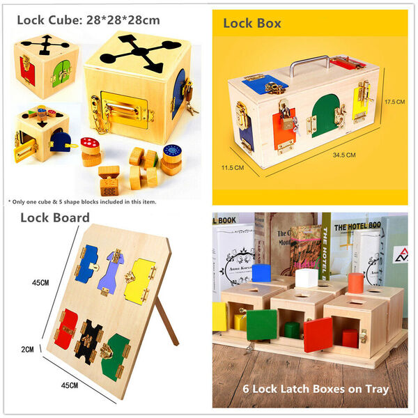 Kid Montessori Educational Practical Material Wooden Toy Lock Latch Box / Board