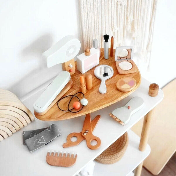 Kid Wooden Pretend Play Toy Beauty Hair Salon Makeup &amp; Bag Dryer Brush Set 16pcs