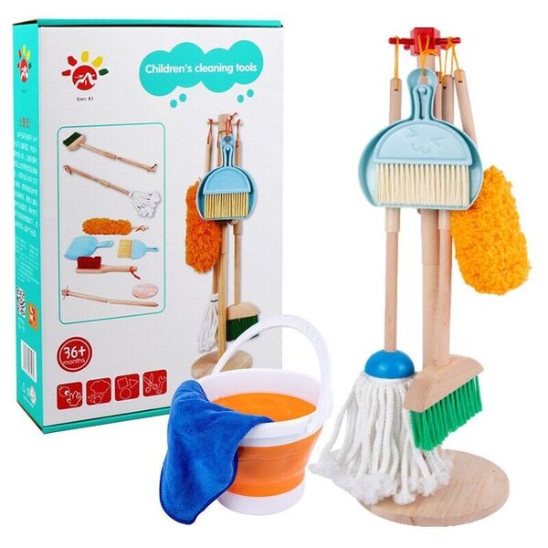 Kid Cleaner Wooden Pretend Play Toy 8 pc Cleaning Set Broom Mop Dust Pan Brush