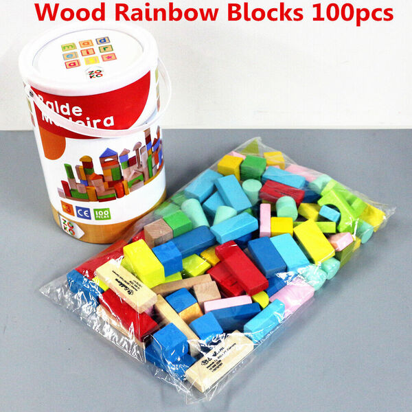 Kid Toddler Educational Wooden Toy 100pc Rainbow Building  Block &amp; Bucket Set