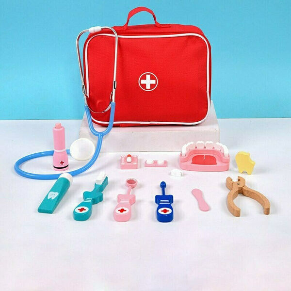 Wooden Role Pretend Play Toy Doctor Dentist Nurse Carry Bag Set Medical Kit 13pc