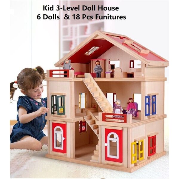 Kid Deluxe Pretend Toy Large Simulated Wood 3-Level Doll House 75cm &amp; Furniture