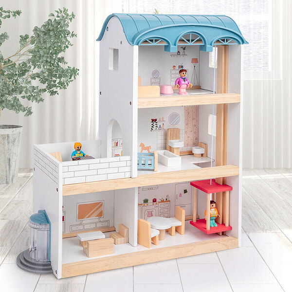 Wooden 3 Level Doll House Balcony &amp; Lift Kid Pretend Play Toy Full Furniture Set