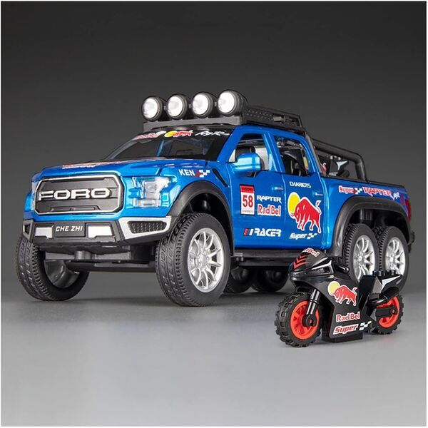 1:28 Alloy Ford F-150 Raptor Car Motorbike Model Toy 6x6 Off-Road Sound Light