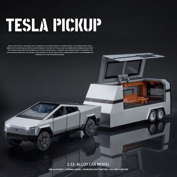 1:32 Diecast Tesla Cybertruck &amp; Caravan Pickup Truck Car Model Sound &amp; Light Toy