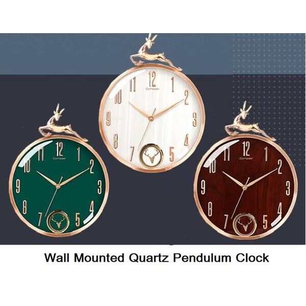 Home Decor  Stylish Design Wall Mounted Quartz Deer Pendulum Clock 15 Inch