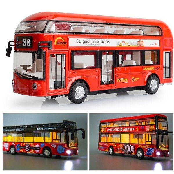 Kid Double Decker Bus Model Toy Sound &amp; Light Pull Back Diecast London Bus Toy