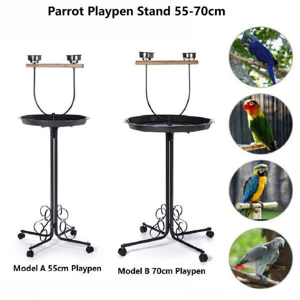 Portable Large Bird Parrot Playpen Gym Stand Wooden Perch Feeder Castor 55-70cm