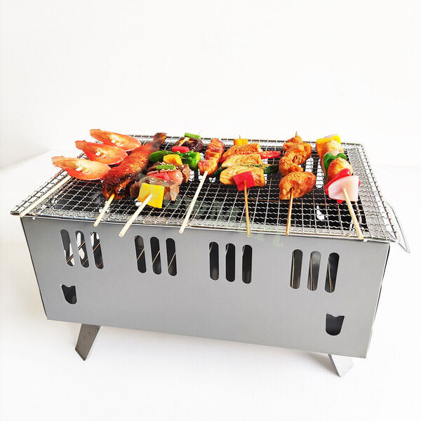 Portable Tabletop Charcoal Barbecue BBQ Grill &amp;Plate Set 35x23cm Outdoor Camping