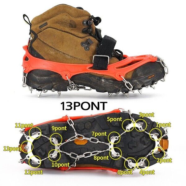 Anti-Slip Steel Spike Crampon Fishing Cuffs Hiking Shoe Cleat Chain 13-Teeth Orange