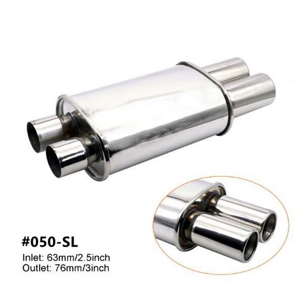 Stainless Steel 2.5&quot; Dual Inlet Outlet Exhaust Muffler Turbo Sound Oval Tailpipe