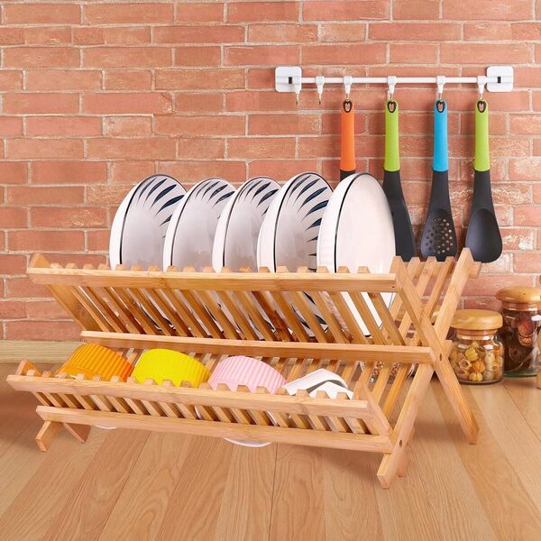 Bamboo Dish Drying Rack Plate Cup Foldable Drainer Tray Utensil Cutlery Holder