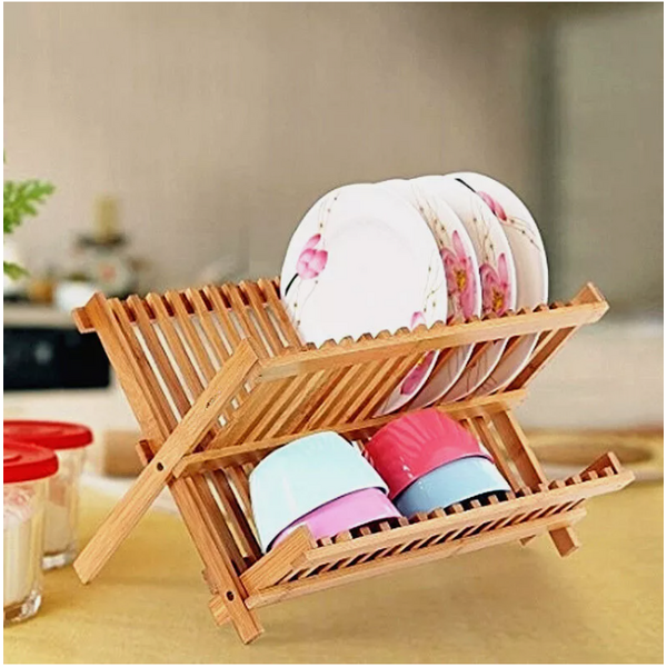 New 2-Tiers Bamboo Foldable Kitchen Drying Bowl Holder Dish Rack 39-44 cm