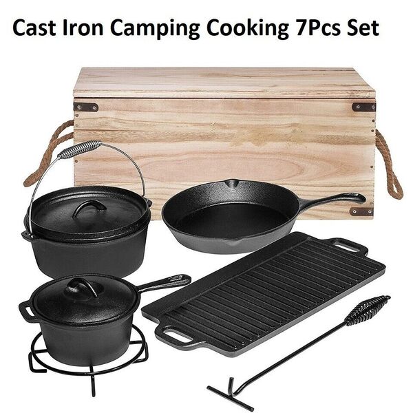 Cast Iron Camping Cooking Set Dutch Oven Skillet Griddle Saucepan Trivet Lifter