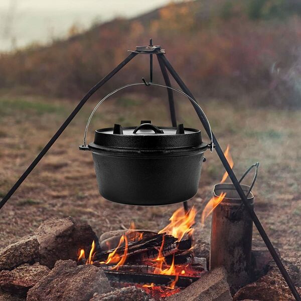 Camping Cast Iron Cooking Pot &amp; Lid Dutch Oven Campfire Pre-Seasoned Cookware