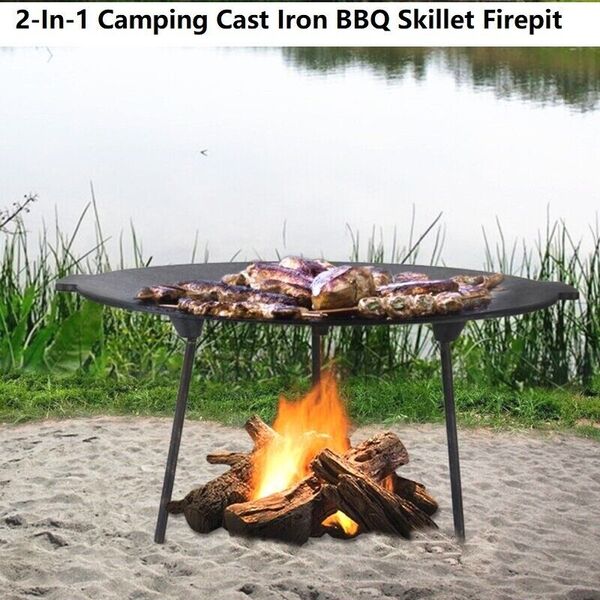 2-In-1 Cast Iron Camping BBQ Grill Campfire Pan Skillet Sizzling Plate Gridle