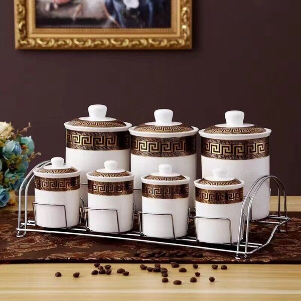 Kitchen Ceramic Canister Stand Set Tea Coffee Sugar Spice Seal Lid Seasoning Jar