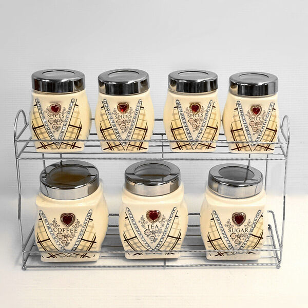 Kitchen Ceramic Canister Stand Set Tea Coffee Sugar Spice Seasoning Jar Lid 8pcs