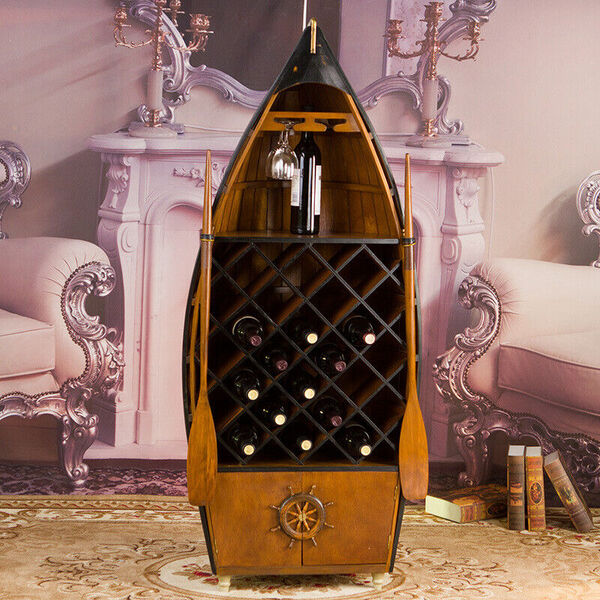 Wooden Boat &amp; Paddle Wine Display Stand Rack Wine Cabinet 24 Bottle Vintage Look