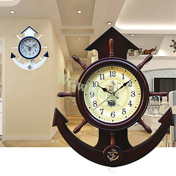 Home Decor Wall Mounted Marine Ship Steering Wheel Anchor Clock  39x44cm