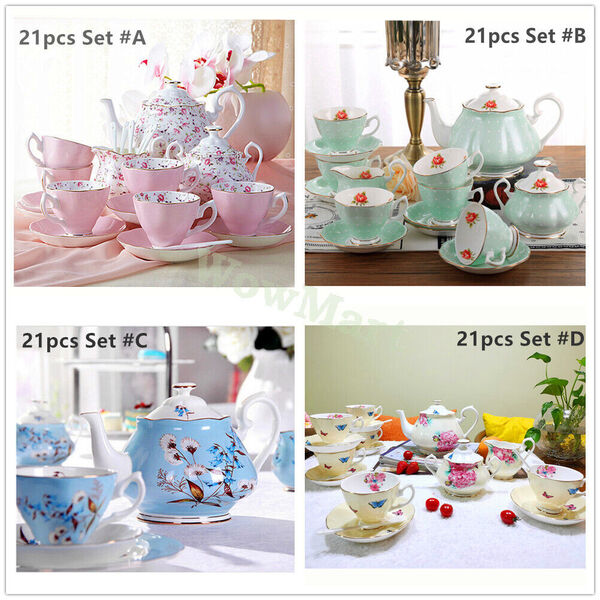 Elegant Fine Bone China Tea Set Coffee Afternoon High Tea Pot Cup Sauce Set 21pc