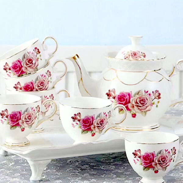 Euro Style Fine Chinaware Porcelain Elegant 8pc Coffee Tea Pot Cup Tray Set #E