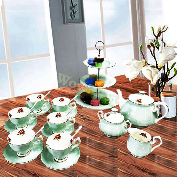 Elegant Fine Bone China Tea &amp; Hi-Tea Cake Plate Coffee Afternoon Tea Set 22pc #B